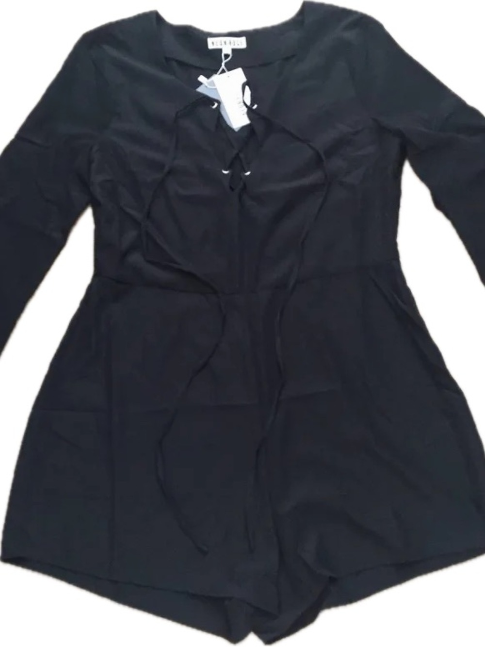 Lace-Up V-Neck Black Long Sleeve Romper